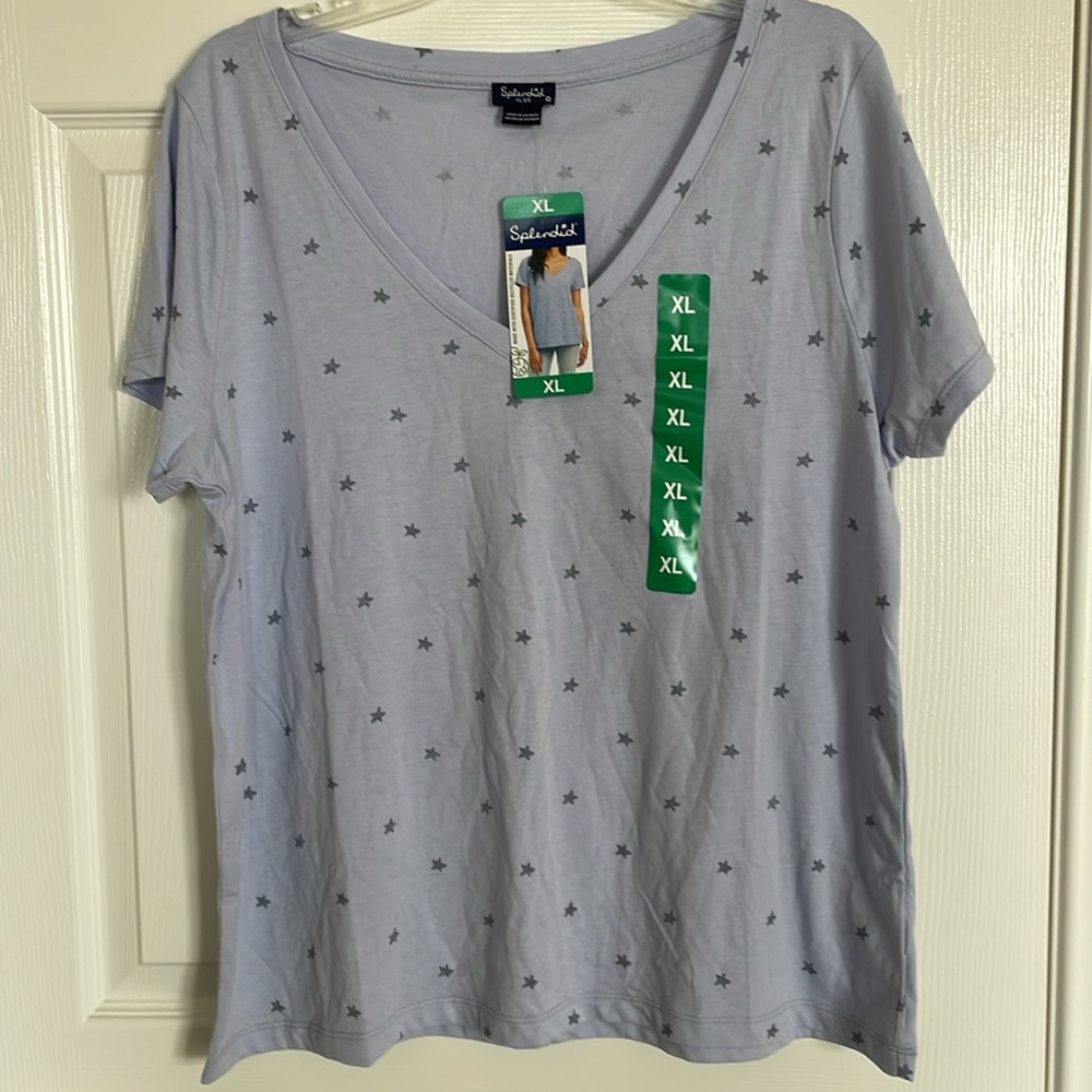 New-Splendid Women's Purple Lilac Star Print V-Neck Short Sleeve T-Shirt Size XL